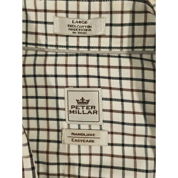 Peter Millar Shirt Men LRG Black Brwn Check Plaid Nanoluxe Easy Care Long Sleeve - Picture 2 of 9